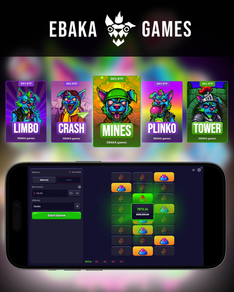 A promotional graphic for Ebaka Games featuring their logo and five game titles: Limbo, Crash, Mines, Plinko, and Tower, showcasing vibrant designs and high RTP percentages, alongside a smartphone interface displaying a gaming session.