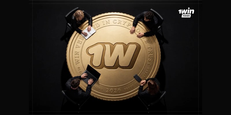 Four people seated around a giant gold 1win token coin, 1win Token logo top right