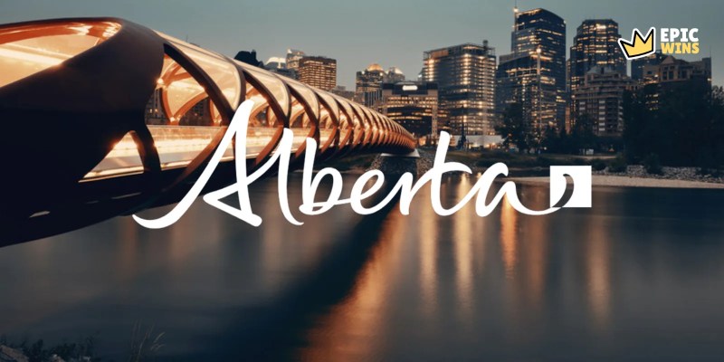 Calgary skyline and Peace Bridge with the Alberta wordmark