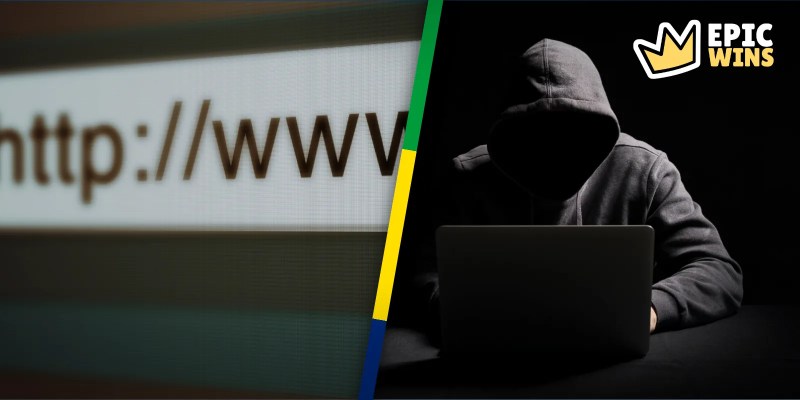 Browser address bar and hooded figure at a laptop, split by a Brazil-colour line