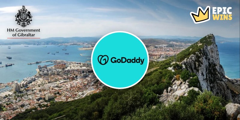 Rock of Gibraltar with GoDaddy logo and HM Government of Gibraltar logo