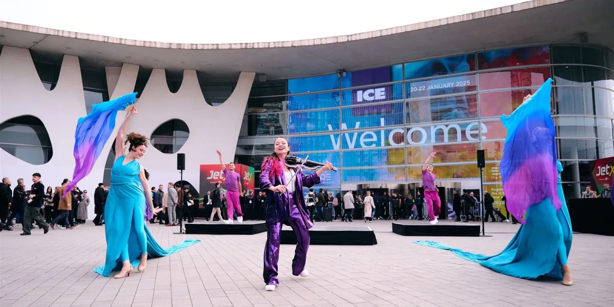 Fira Barcelona Gran Via entrance during ICE with performers