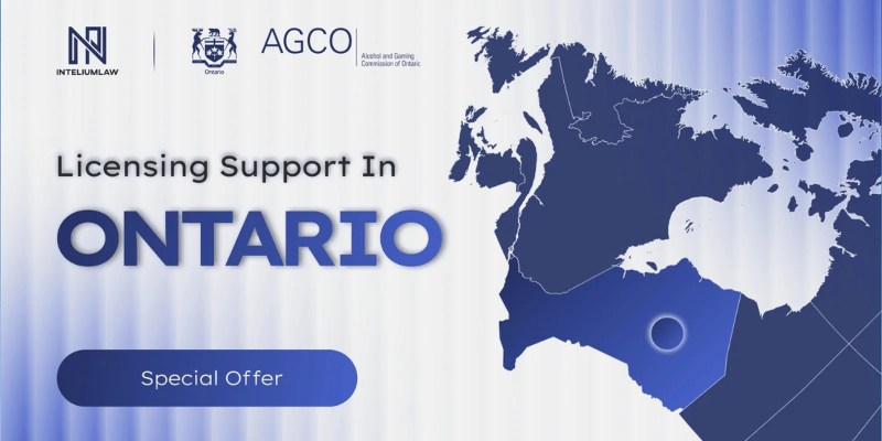 Inteliumlaw banner for Ontario gaming licensing support with AGCO logo and a map of Ontario