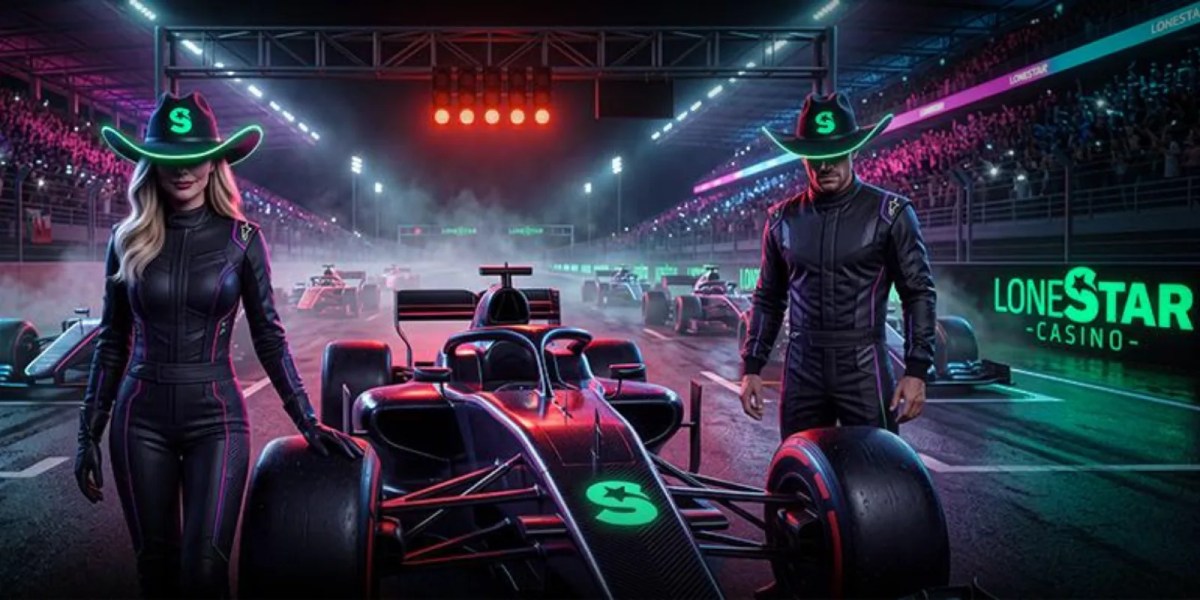 LoneStar Casino race banner: two drivers in neon cowboy hats beside a black race car, LoneStar logo on the track wall