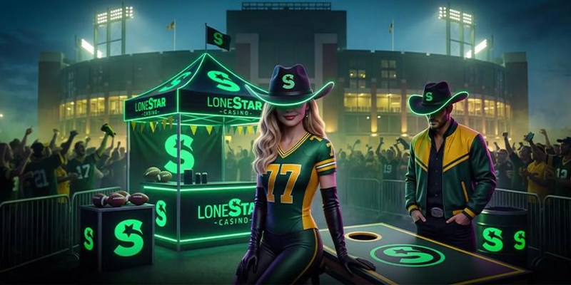 LoneStar Casino game-day tent, cornhole board and fans outside a football stadium at night
