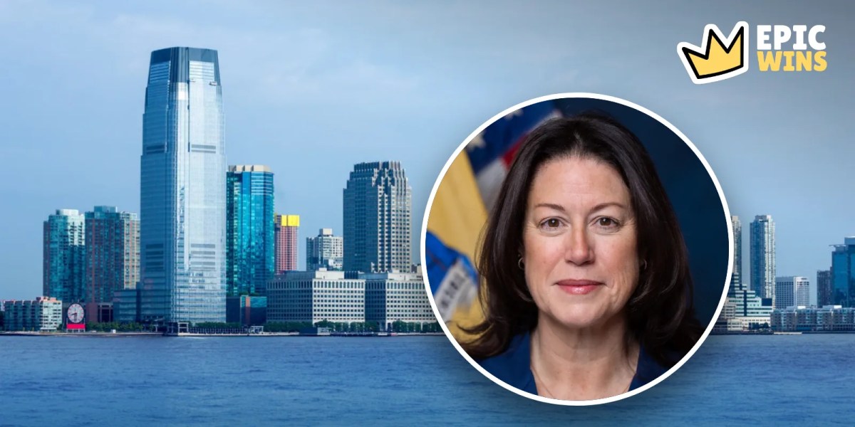Jersey City skyline with a round portrait of Attorney General Jennifer Davenport, New Jersey responsible gaming rules