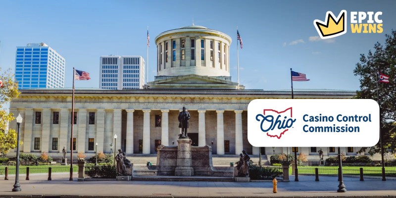 Ohio Statehouse with the Ohio Casino Control Commission logo