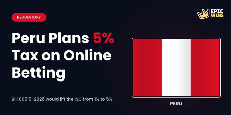 Peru flag and EpicWins logo beside the headline Peru Plans 5% Tax on Online Betting