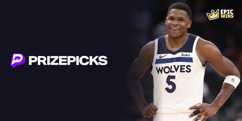 NBA star Anthony Edwards smiling next to the PrizePicks and EpicWins logos