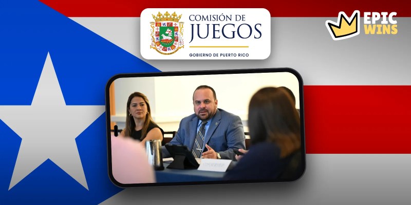 Gaming Commission meeting photo on a phone over the Puerto Rico flag with the Comision de Juegos logo