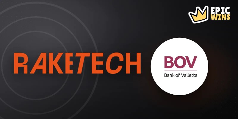 Raketech logo beside a Bank of Valletta (BOV) logo in a circle on a dark background, EpicWins logo top right