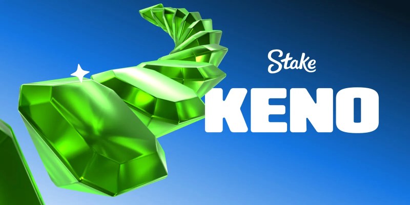 Green gem spiral and Keno title with the Stake logo on a blue background